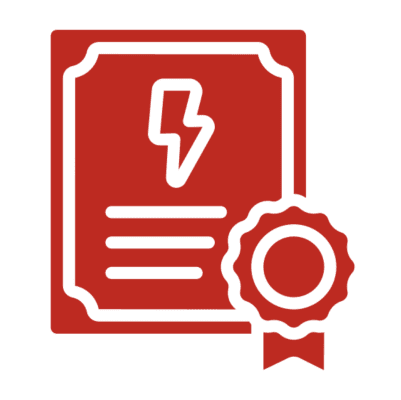 Red certificate with lightning bolt icon.
